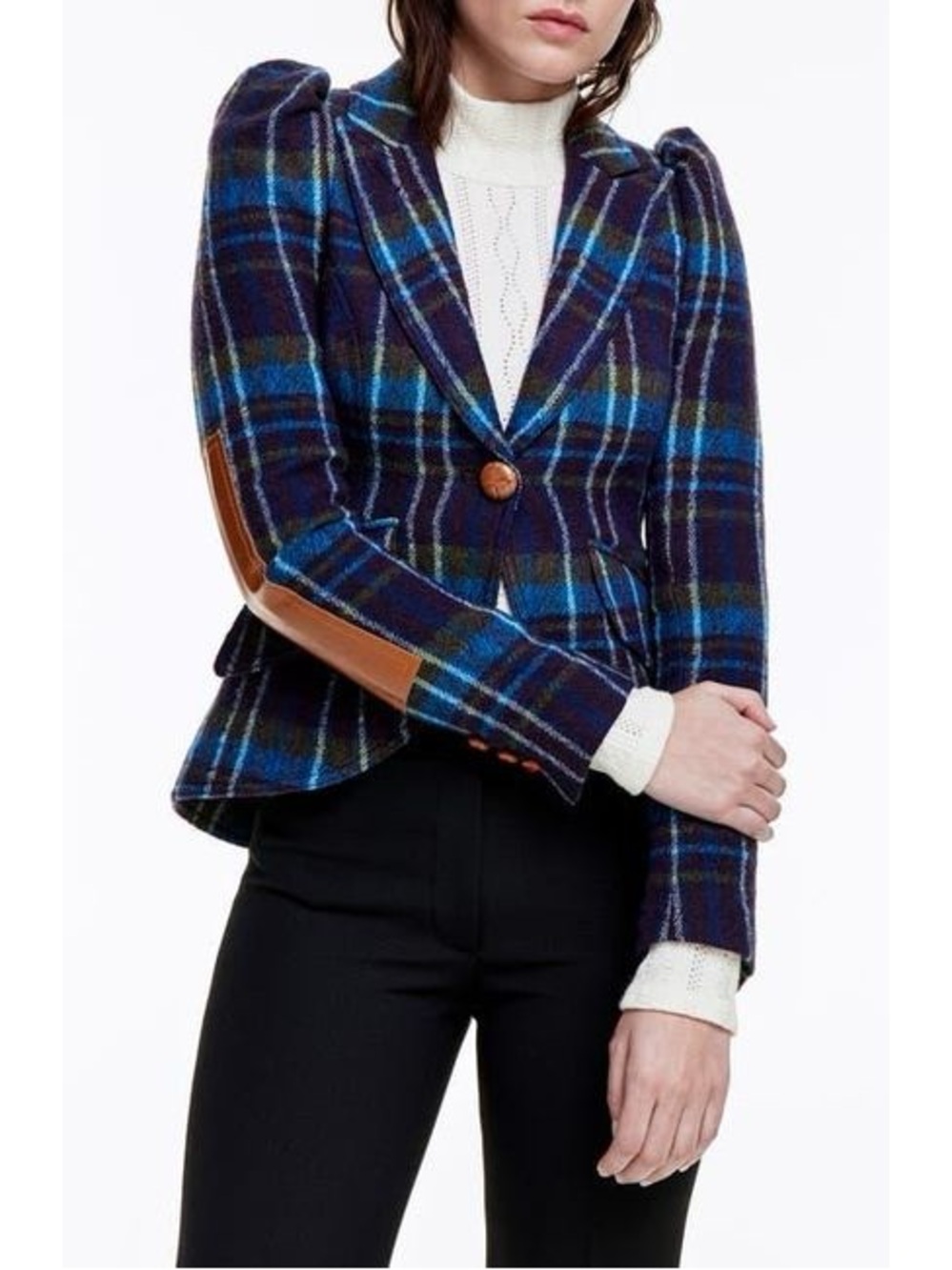 Smythe Pouf Sleeve One Button Blazer Blue Multi Wool Leather Elbow Patch Size 4